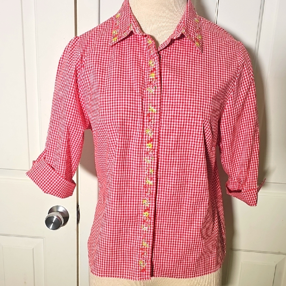 Westbound Red‎ and White Checkered Shirt 3/4 Sleeves. Enbrodery. PM